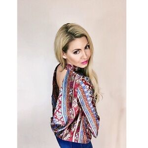Silky Burgundy Paisley Open Back Blouse